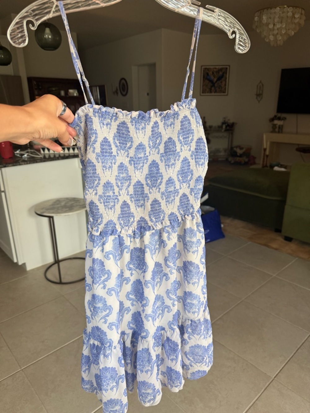 Aritzia Blue and White Smocked Mini Dress